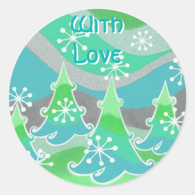 Winter Trees Green 'With Love' round sticker (Front)