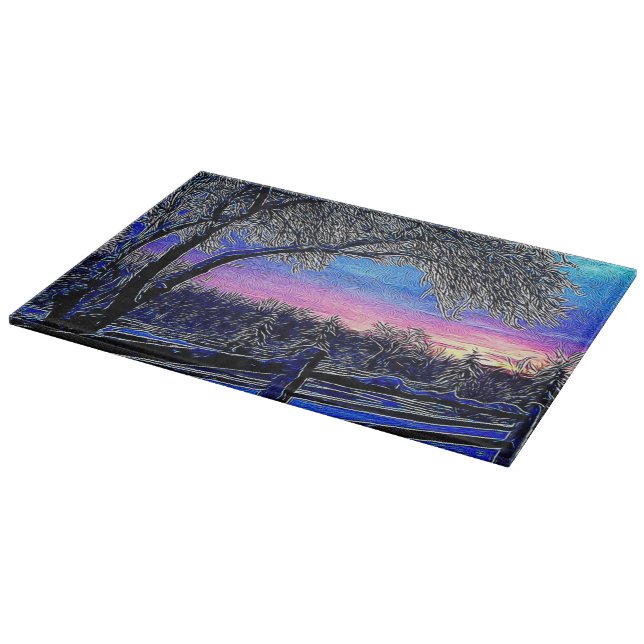 winter trees impressionism sunrise landscape cutting board (Corner)
