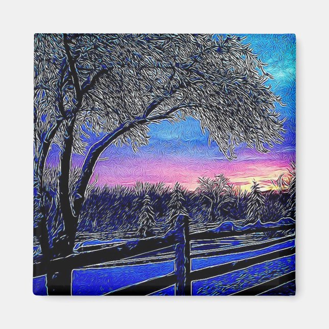 winter trees impressionism sunrise landscape magnet (Front)