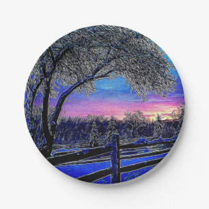 winter trees impressionism sunrise landscape paper plate