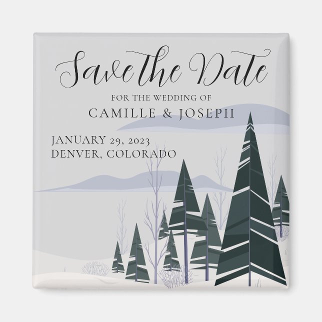 Winter Trees Modern Snow Forest Save the Date Magnet (Front)
