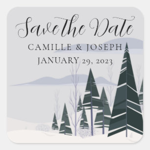 Winter Trees Modern Snow Forest Save the Date Square Sticker