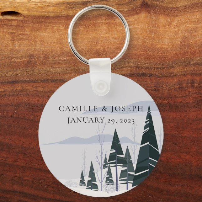 Winter Trees Modern Snow Forest Wedding Key Ring (Front)