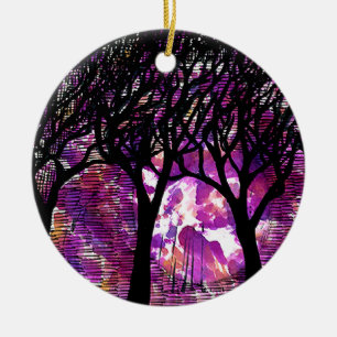 Winter Trees over alcohol ink Background Ceramic Ornament