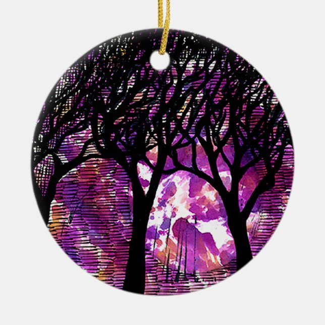 Winter Trees over alcohol ink Background Ceramic Ornament (Front)