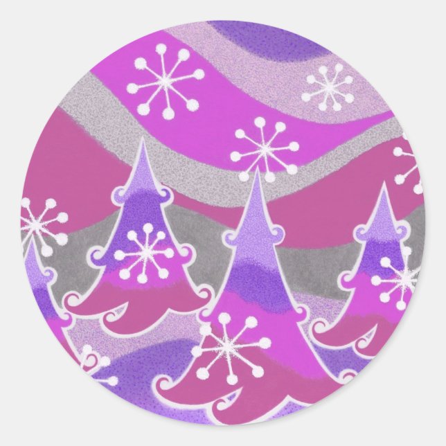 Winter trees purple round sticker (Front)