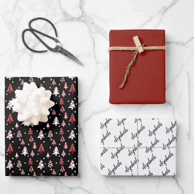 Winter Trees Red Black White Snow Name Wrapping Paper Sheet (Front)