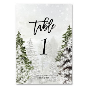winter trees snow scene wedding table number card
