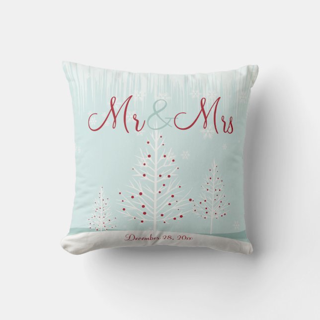 Winter Trees Snowflakes Mr & Mrs Wedding Memento Cushion (Front)