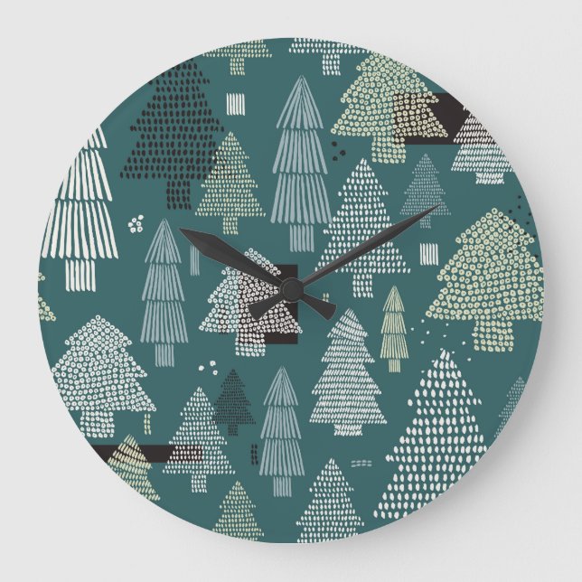 Winter trees, vintage Christmas pattern. Large Clock (Front)