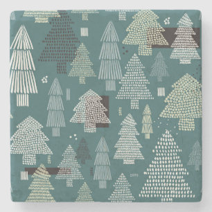 Winter trees, vintage Christmas pattern. Stone Coaster