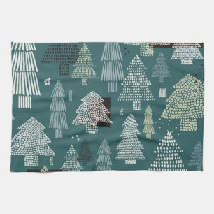 Winter trees, vintage Christmas pattern. Tea Towel