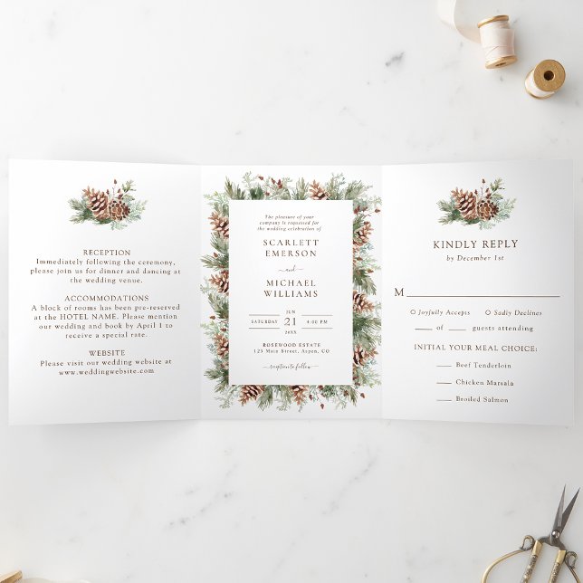 Winter Trifold Wedding Invitation (White Winter Pinecone Trifold Wedding Invitation Photo Card by Painted Paperie
)