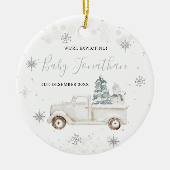 Winter Truck Baby Boy Girl Pregnancy Announcement Ceramic Ornament (Front)