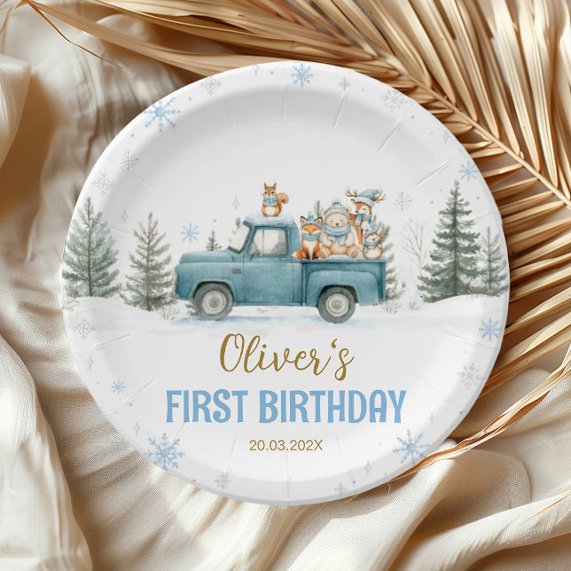 Winter Truck Onederland Forest Birthday Paper Plate (Creator Uploaded)