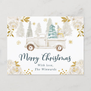 Winter Truck White & Gold Floral Christmas Holiday Postcard