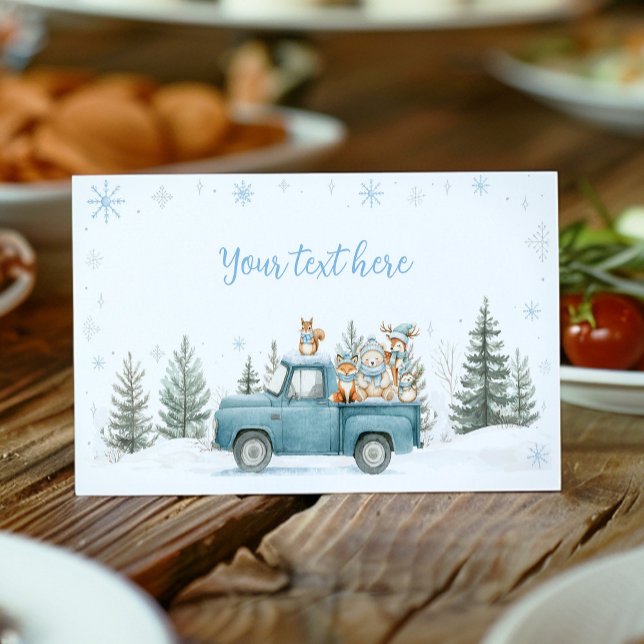 Winter Truck Woodland Animals Birthday Food Tent Place Card (Creator Uploaded)