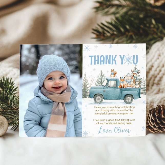 Winter Truck Woodland Animals Birthday Photo Thank You Card (Creator Uploaded)