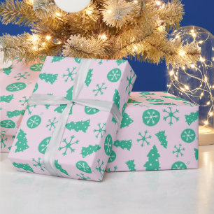 Winter Turquoise Snowflakes Christmas Tree Festive Wrapping Paper