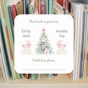 Winter twin girls Baby Shower Bookplates Square Sticker