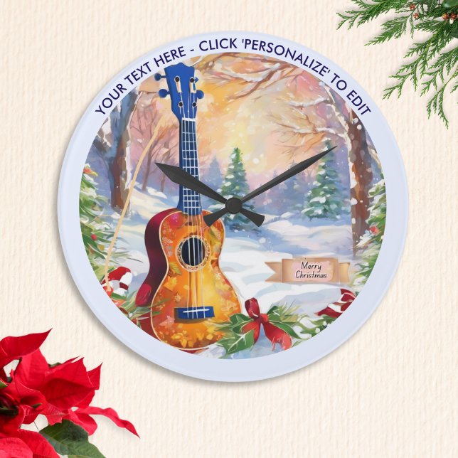 Winter Ukulele In Snow Custom Text Christmas Large Clock (A Christmas clock with picture of a ukulele in a festive snow scene, with 'Merry Christmas' greeting)