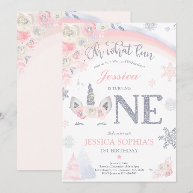 Winter Unicorn 1st Birthday Pink And Gold Unicorn Invitation (Front/Back)