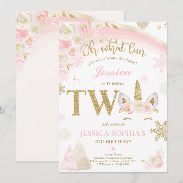 Winter Unicorn 2nd Birthday Pink And Gold Unicorn Invitation (Front/Back)