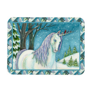 WINTER UNICORN AND BIRDS, PEACEFUL SNOW HORSE MAGNET