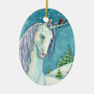 WINTER UNICORN AND BIRDS, PEACEFUL SNOW LANDSCAPE CERAMIC ORNAMENT