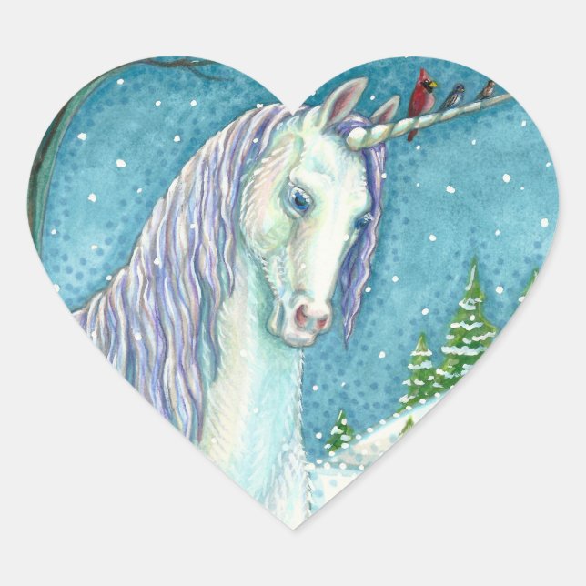 WINTER UNICORN AND BIRDS, PEACEFUL SNOW LANDSCAPE HEART STICKER (Front)