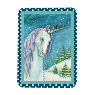 WINTER UNICORN AND BIRDS, PEACEFUL SNOW LANDSCAPE MAGNET