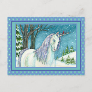 WINTER UNICORN AND BIRDS, PEACEFUL SNOW LANDSCAPE POSTCARD
