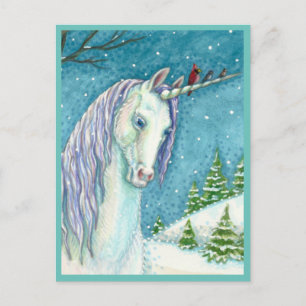 WINTER UNICORN AND BIRDS, PEACEFUL SNOW LANDSCAPE POSTCARD