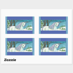 WINTER UNICORN AND BIRDS, PEACEFUL SNOW LANDSCAPE RECTANGULAR STICKER