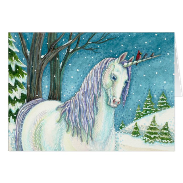 WINTER UNICORN AND BIRDS, PEACEFUL SNOW NOTE CARD (Front Horizontal)