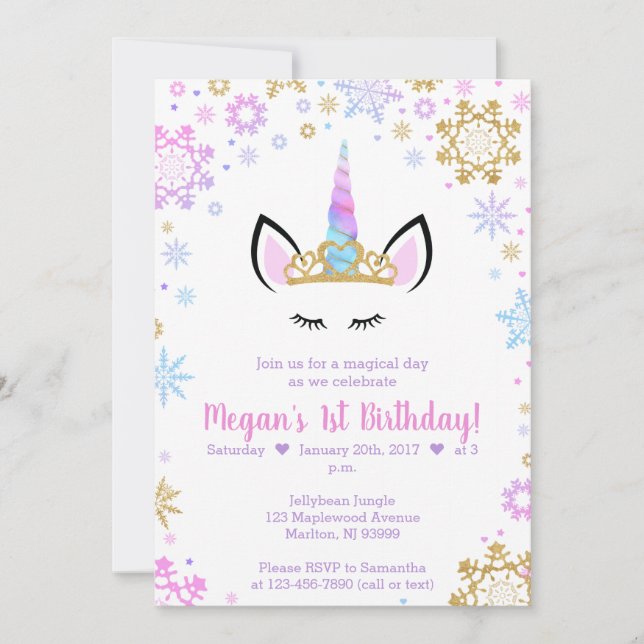 Winter Unicorn Birthday Invitations (Front)