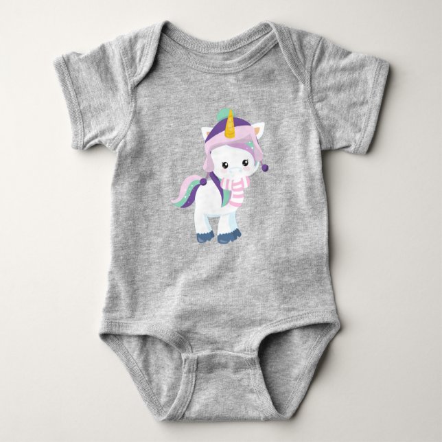 Winter Unicorn, Cute Unicorn, Magic Unicorn, Hat Baby Bodysuit (Front)
