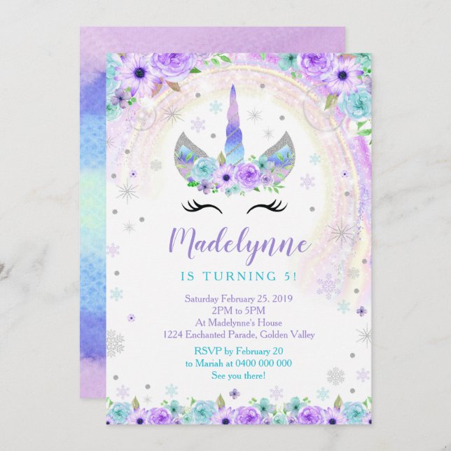 Winter Unicorn Invitation - Unicorn Snowflakes (Front/Back)
