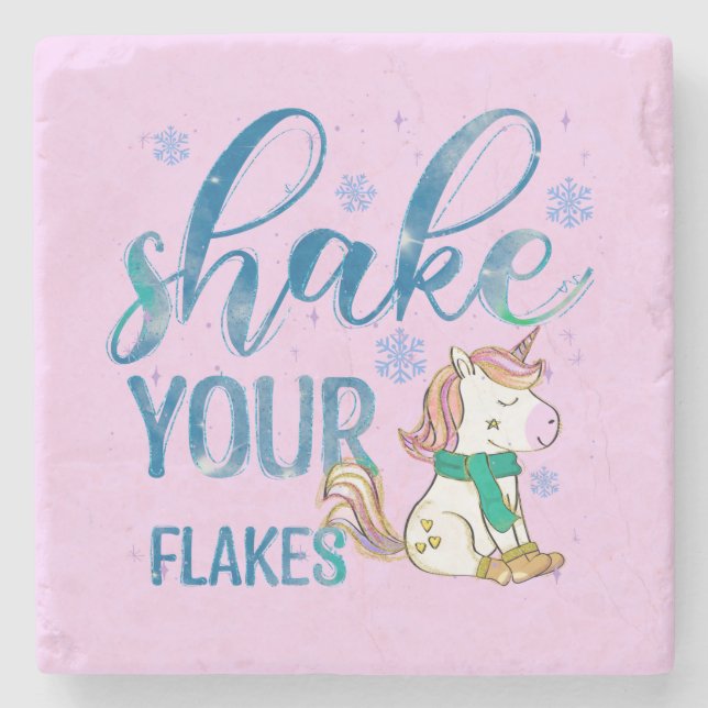 Winter Unicorn | Shake Your Flakes | Fun & Festive Stone Coaster (Front)