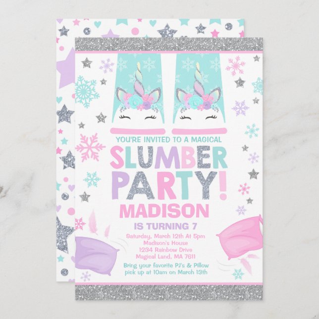 Winter Unicorn Slumber Party Invitation (Front/Back)