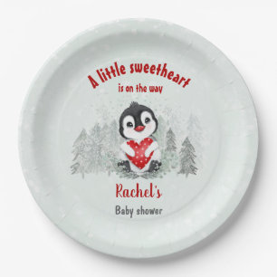 Winter Valentines Penguin Boy Baby Shower Paper Plate