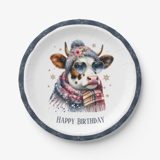 Winter Vibes Cow - Birthday Paper Plate (Front)