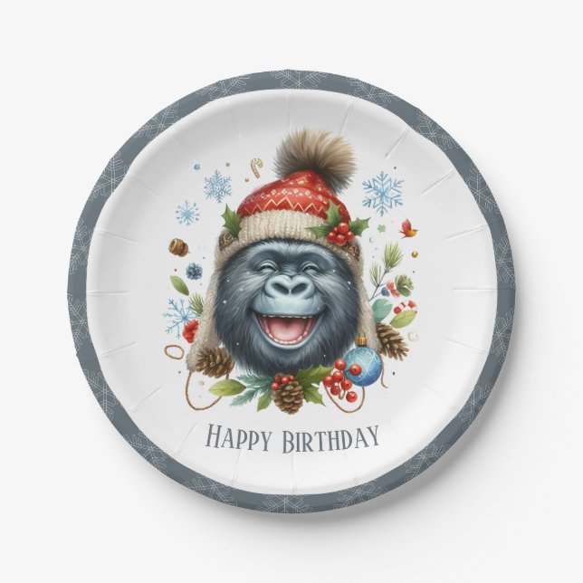 Winter Vibes Gorilla - Birthday Paper Plate (Front)