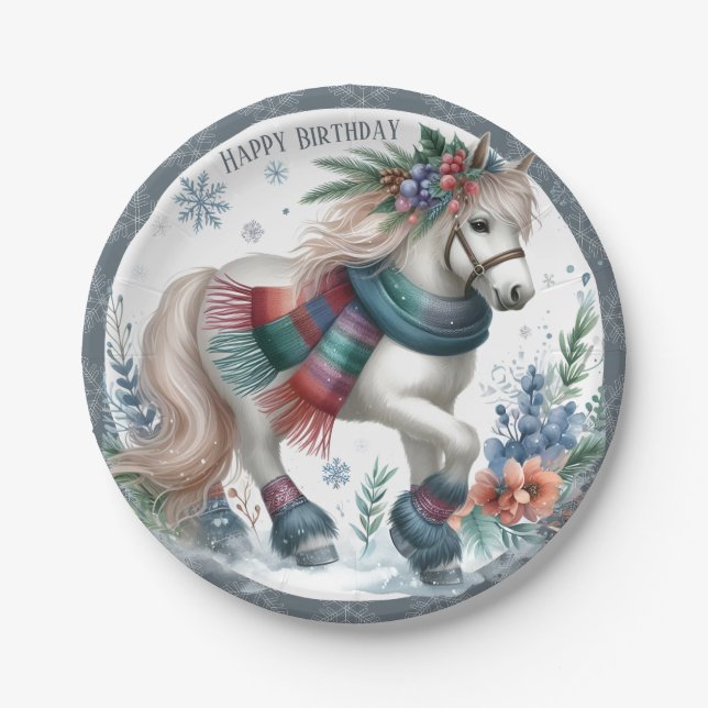 Winter Vibes Horse - Birthday Paper Plate (Front)