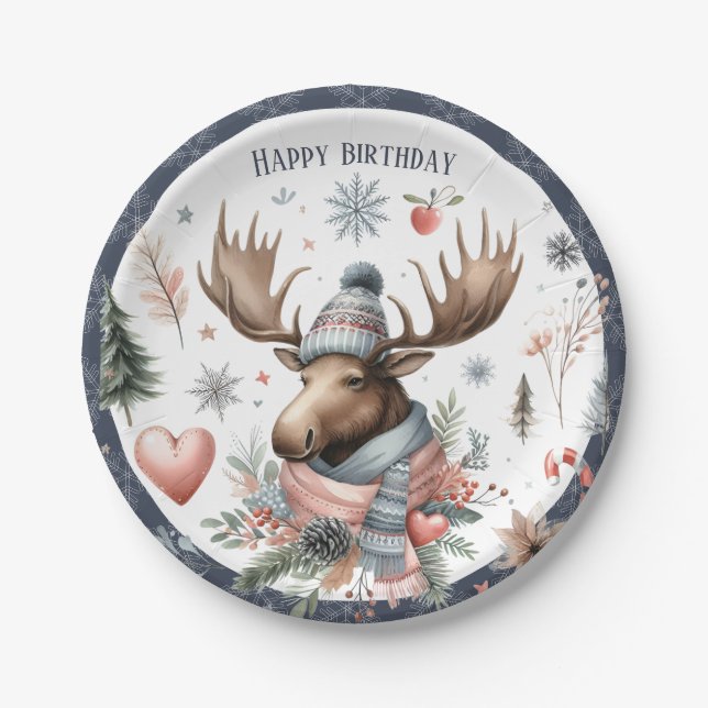 Winter Vibes Moose - Birthday Paper Plate (Front)