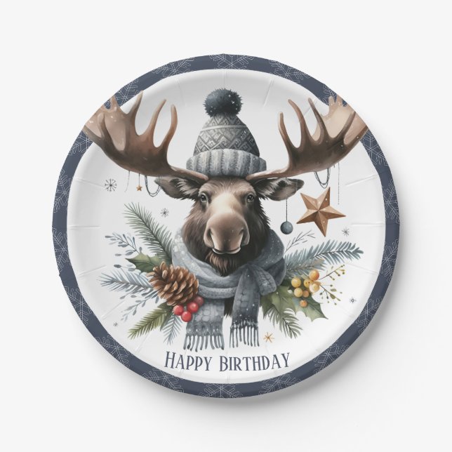 Winter Vibes Moose - Birthday Paper Plate (Front)