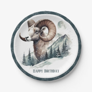 Winter Vibes Rocky Mountain Bighorn Sheep Birthday Paper Plate
