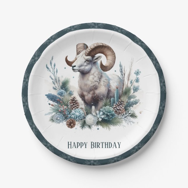Winter Vibes Rocky Mountain Bighorn Sheep Birthday Paper Plate (Front)