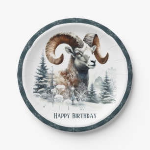 Winter Vibes Rocky Mountain Bighorn Sheep Birthday Paper Plate