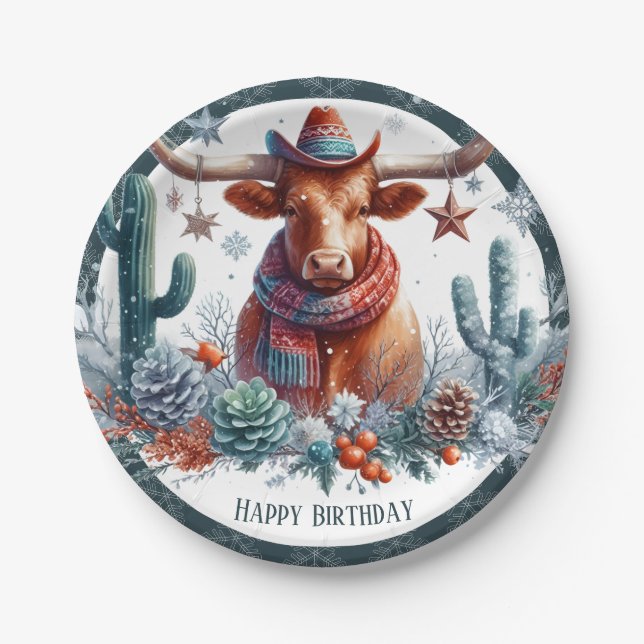 Winter Vibes Texas Longhorn Birthday Paper Plate (Front)